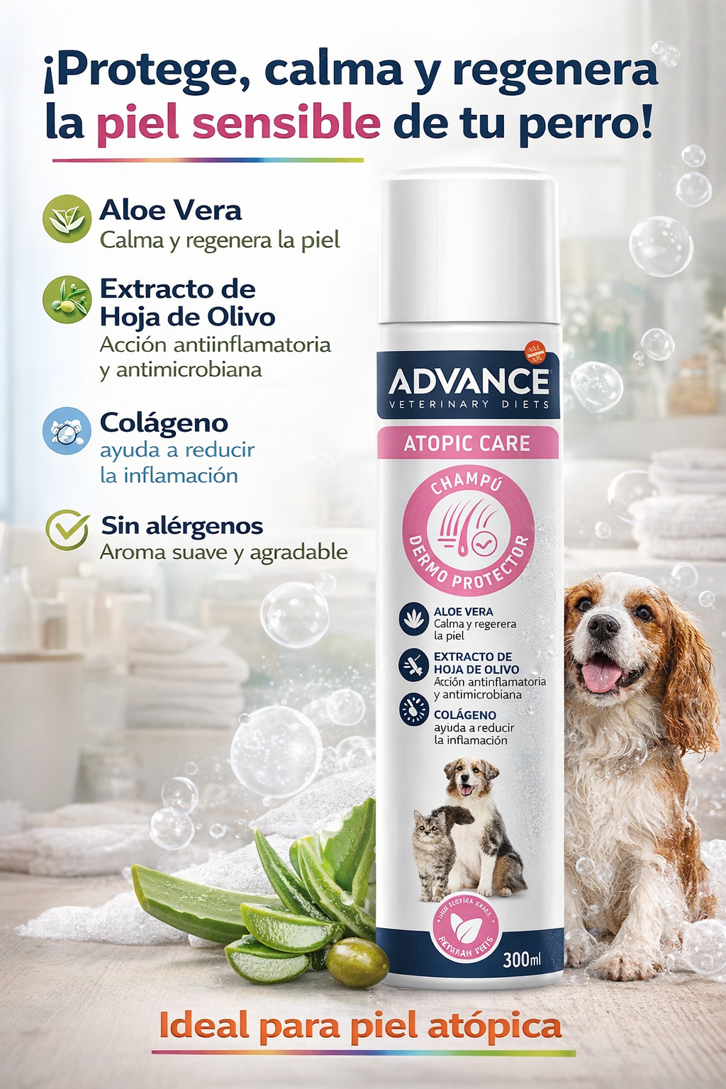 Advance Veterinary Diets Atopic Care Shampoo – Champú Dermoprotector para Perros con Piel Sensible y Atópica, Calmante e Hidratante
