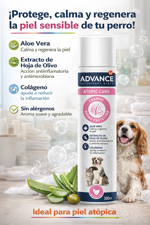 Advance Veterinary Diets Atopic Care Shampoo – Champú Dermoprotector para Perros con Piel Sensible y Atópica, Calmante e Hidratante