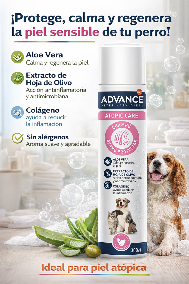 Advance Veterinary Diets Atopic Care Shampoo – Champú Dermoprotector para Perros con Piel Sensible y Atópica, Calmante e Hidratante