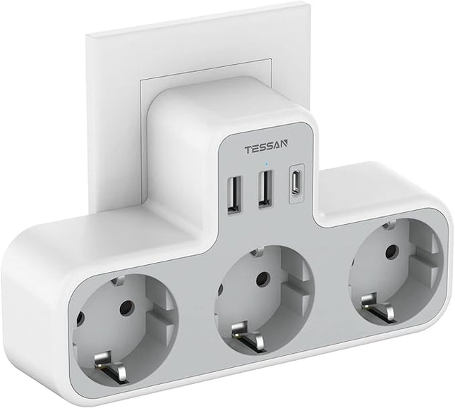 TESSAN Enchufe Ladrón Plano 6 en 1 con USB C – 3 Tomas Schuko + 2 USB-A, 3600W, Adaptador Múltiple Compacto