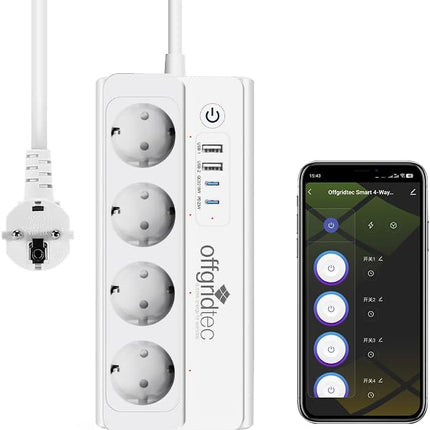 Offgridtec Regleta Inteligente WiFi 16A/3680W – 4 Enchufes + 2 USB-A (5V/3,1A) + 2 USB-C PD 20W, Smart Life/Tuya, Cable 1,5 m