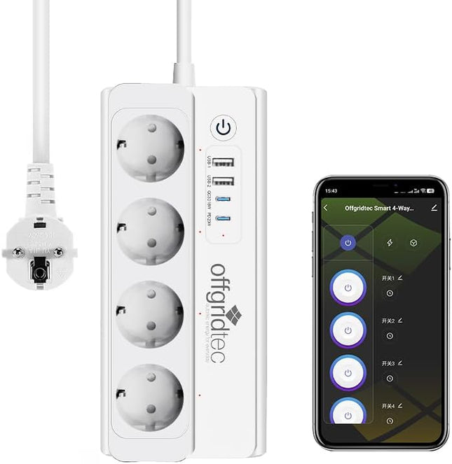 Offgridtec Regleta Inteligente WiFi 16A/3680W – 4 Enchufes + 2 USB-A (5V/3,1A) + 2 USB-C PD 20W, Smart Life/Tuya, Cable 1,5 m
