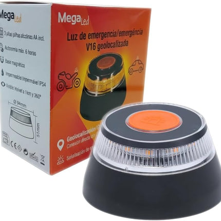 Luz de Emergencia V16 MegaLed Conectada DGT 3.0 – Geolocalizada, Homologada (IDIADA), Visible 1 km 360º, Conectividad Hasta 2038