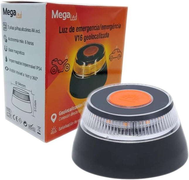 Luz de Emergencia V16 MegaLed Conectada DGT 3.0 – Geolocalizada, Homologada (IDIADA), Visible 1 km 360º, Conectividad Hasta 2038