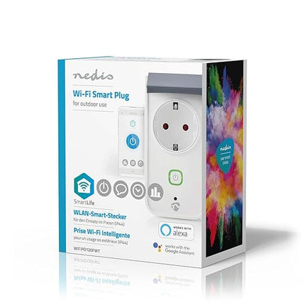 Nedis SmartLife WIFIPO120FWT – Enchufe Inteligente Wi-Fi Exterior IP44 (Schuko) 16A, Medidor de Consumo, Control Remoto y Temporizador