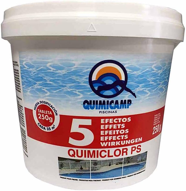 Quimicamp QUIMICLOR PS 5 Efectos 200 g (5 kg) – Cloro Multifunción Antialgas, Floculante, Antical y Mantenedor pH – Especial Aguas Duras (201805)