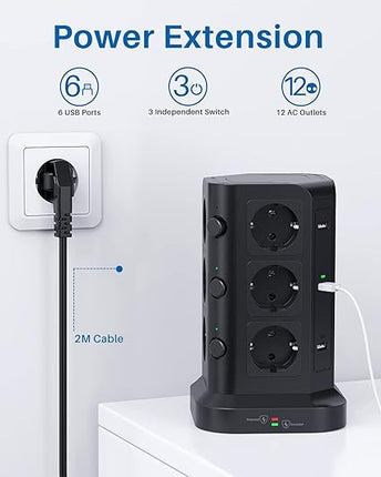 KOOSLA Regleta Torre 18-en-1 con Protección Sobretensiones (1500 J) – 12 Enchufes + 6 USB, 3 Interruptores, 4000 W/16 A, Cable 2 m