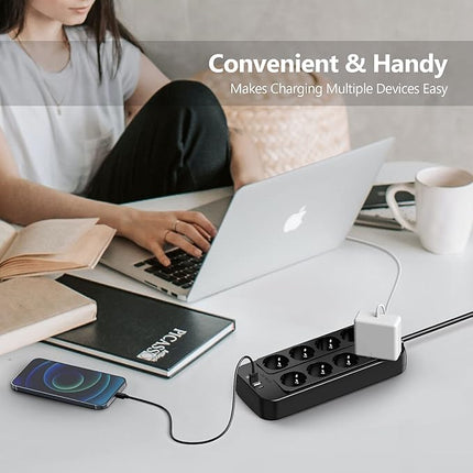 JSVER Regleta 12-en-1 con USB – 8 Enchufes + 3 USB-A + 1 USB-C (5V/3,4A), Protección Sobretensiones 1050 J, 16 A, Cable 1,8 m (Negra)