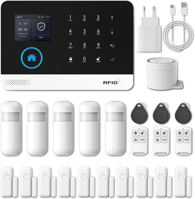 PGST PG103-2G-C Alarma WiFi + GSM 2G – Sirena, Sensor Puerta/Ventana + PIR, App Smart Life/Tuya, Pantalla LCD, Guía por Voz, RFID y Mandos, Ampliable 433 MHz