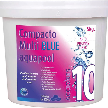 Pastillas de Cloro Multifunción 10 Acciones AQUAPOOL 200 g (5 kg) – Disolución Lenta, Tricloro 88,5%, Apto Piscinas Liner (Sin Cobre)