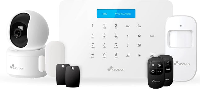 Nivian NVS-A6WG Kit Alarma WiFi + GSM Sin Cuotas – Tuya Smart, Sirena 95 dB, RFID, LCD, hasta 60 Detectores, 4 Entradas Cableadas