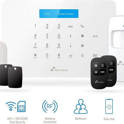 Nivian NVS-A6WG Kit Alarma WiFi + GSM Sin Cuotas – Tuya Smart, Sirena 95 dB, RFID, LCD, hasta 60 Detectores, 4 Entradas Cableadas