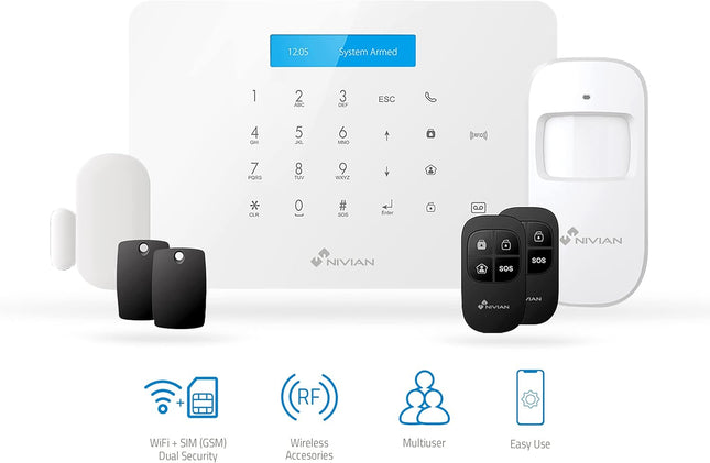 Nivian NVS-A6WG Kit Alarma WiFi + GSM Sin Cuotas – Tuya Smart, Sirena 95 dB, RFID, LCD, hasta 60 Detectores, 4 Entradas Cableadas