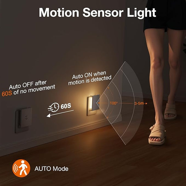 Feliigo Luz Nocturna con Sensor de Movimiento (Pack 2) – Enchufe Regulable 5 Niveles, 3 Modos AUTO/ON/OFF, Luz Ámbar 1800K para Pasillo, Baño y Escaleras
