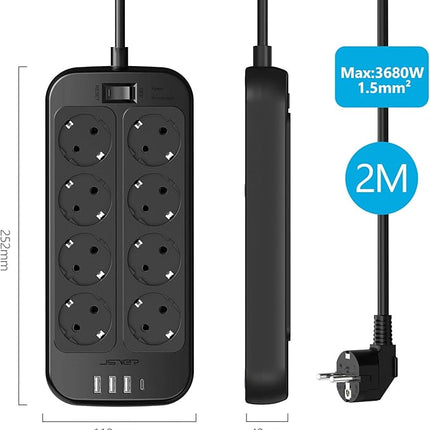 JSVER Regleta 12-en-1 con USB – 8 Enchufes + 3 USB-A + 1 USB-C (5V/3,4A), Protección Sobretensiones 1050 J, 16 A, Cable 1,8 m (Negra)