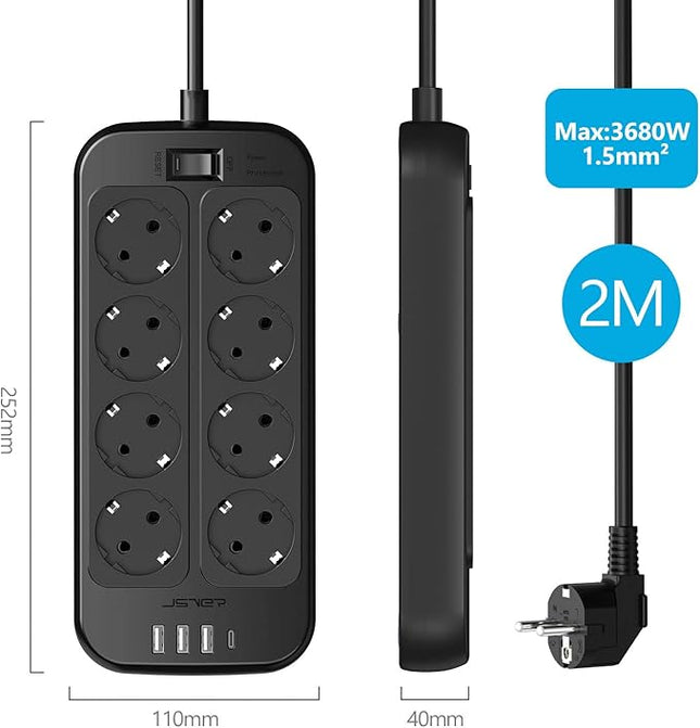 JSVER Regleta 12-en-1 con USB – 8 Enchufes + 3 USB-A + 1 USB-C (5V/3,4A), Protección Sobretensiones 1050 J, 16 A, Cable 1,8 m (Negra)