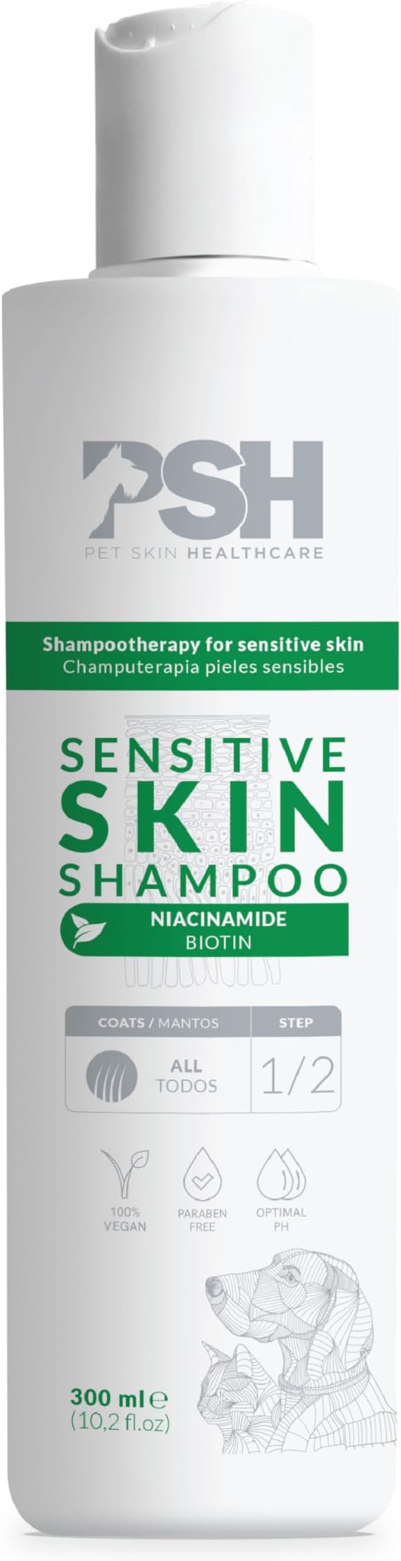 PSH Sensitive Skin Champú Hipoalergénico para Perros y Gatos – Piel Sensible, Calmante, Hidratante, Sin Sulfatos ni Parabenos