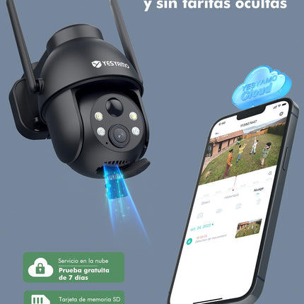 Cámara Solar WiFi Exterior 2K QHD PTZ 355°/90° – Visión Nocturna a Color 15m, PIR + IA, Sirena, Audio 2 Vías, IP66, microSD 128GB (2,4 GHz)
