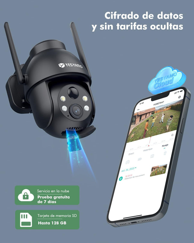 Cámara Solar WiFi Exterior 2K QHD PTZ 355°/90° – Visión Nocturna a Color 15m, PIR + IA, Sirena, Audio 2 Vías, IP66, microSD 128GB (2,4 GHz)