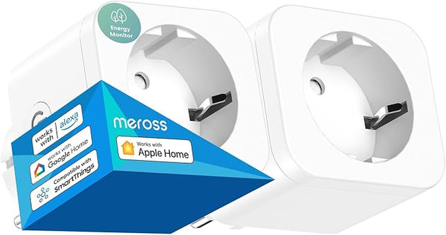 Meross Enchufe Inteligente WiFi Tipo F (Schuko) 16A – Pack 2 con Medidor de Consumo, Temporizador, Control por Voz y Remoto, Compatible con HomeKit, Alexa y Google Home