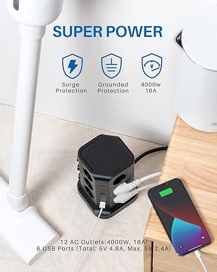 KOOSLA Regleta Torre 18-en-1 con Protección Sobretensiones (1500 J) – 12 Enchufes + 6 USB, 3 Interruptores, 4000 W/16 A, Cable 2 m