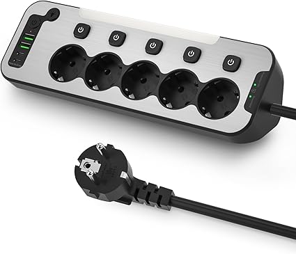 Regleta de Esquina Metal USB-C Negra – 5 Tomas con Interruptor, Luz Nocturna y Protección contra Sobretensiones (Cable 2 m)