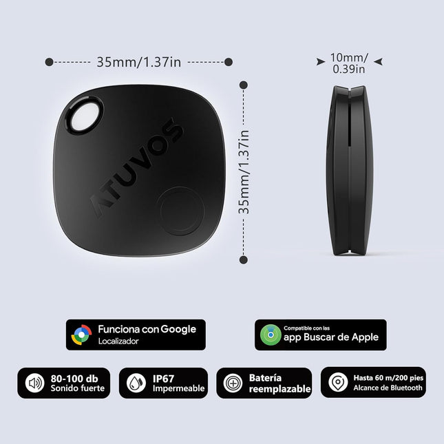 ATUVOS Air Tag Pro (AT2501) – Smart Tag para Android & iOS Compatible con Apple Buscar y Google Find Hub, Bluetooth 60 m, CR2032 Reemplazable