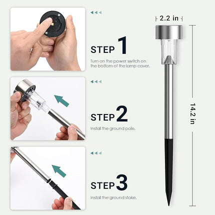 GIGALUMI Luces Solares Jardín Exterior LED – Pack 12 Acero Inoxidable, Blanco Frío, IP44, Auto Encendido/Apagado, Luces para Camino y Sendero
