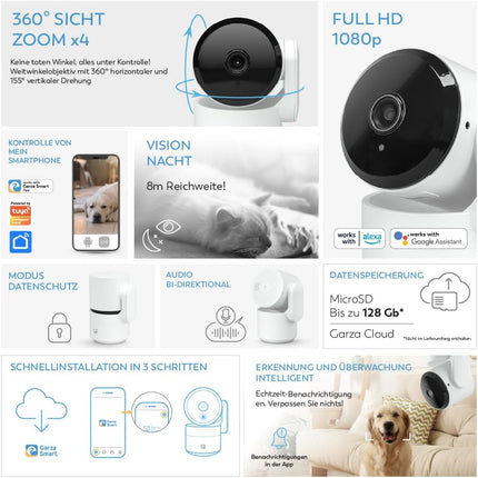 Garza Smart 401280FBM Kit Alarma WiFi 2,4 GHz con Cámara 1080p 360º – Sirena 120 dB + Luz Estroboscópica, Sensor Movimiento y Apertura Puerta/Ventana, Mando SOS, App Tuya/Smart Life