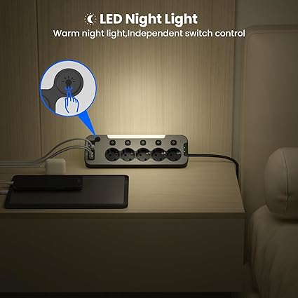 Regleta de Esquina Metal USB-C Negra – 5 Tomas con Interruptor, Luz Nocturna y Protección contra Sobretensiones (Cable 2 m)