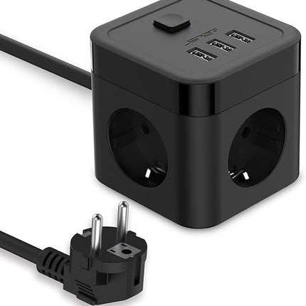 JSVER Regleta Cubo 6-en-1 – 3 Enchufes + 3 USB (5V/3,1A), 3680W/16A, Protección Sobretensiones 350J, Cable 1,5 m (Negro)