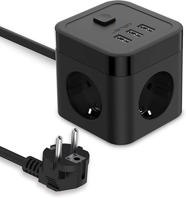 JSVER Regleta Cubo 6-en-1 – 3 Enchufes + 3 USB (5V/3,1A), 3680W/16A, Protección Sobretensiones 350J, Cable 1,5 m (Negro)