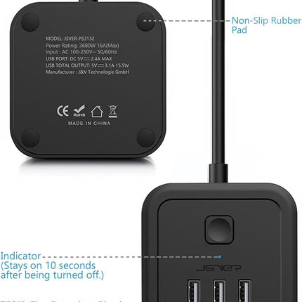 JSVER Regleta Cubo 6-en-1 – 3 Enchufes + 3 USB (5V/3,1A), 3680W/16A, Protección Sobretensiones 350J, Cable 1,5 m (Negro)