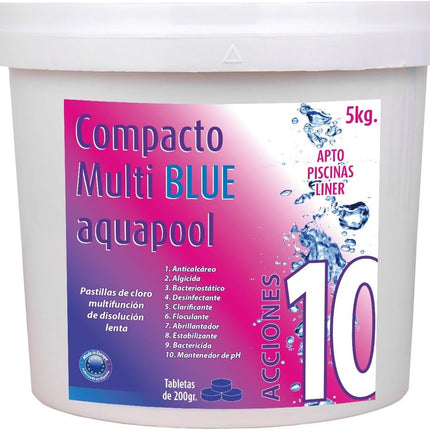 Pastillas de Cloro Multifunción 10 Acciones AQUAPOOL 200 g (5 kg) – Disolución Lenta, Tricloro 88,5%, Apto Piscinas Liner (Sin Cobre)