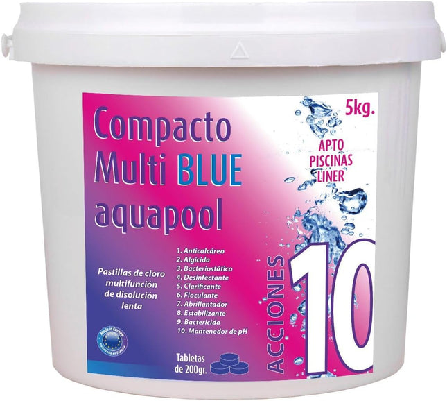 Pastillas de Cloro Multifunción 10 Acciones AQUAPOOL 200 g (5 kg) – Disolución Lenta, Tricloro 88,5%, Apto Piscinas Liner (Sin Cobre)