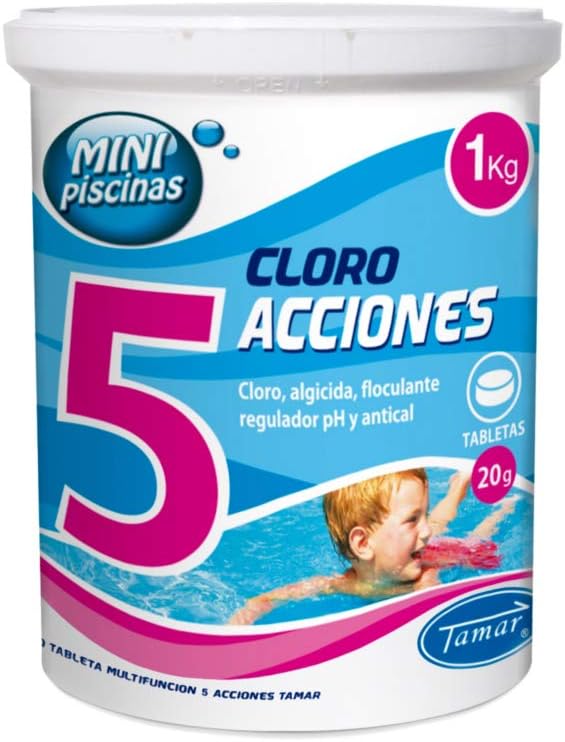 LOLAhome Cloro Multifunción 5 Acciones Mini Piscinas – 50 Pastillas 20 g (1 kg), Disolución Lenta, Mantenimiento Agua