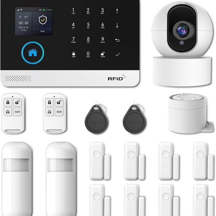 PGST PG103 Сигнализация Wi-Fi + GSM без абонплаты (набор 17 предметов) — Smart Life/Tuya, звонки/SMS, пульт SOS, RFID, до 100 датчиков, совместима с Alexa