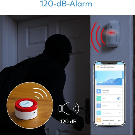 Garza Smart 401280FBM Kit Alarma WiFi 2,4 GHz con Cámara 1080p 360º – Sirena 120 dB + Luz Estroboscópica, Sensor Movimiento y Apertura Puerta/Ventana, Mando SOS, App Tuya/Smart Life