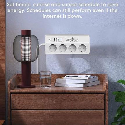 Offgridtec Regleta Inteligente WiFi 16A/3680W – 4 Enchufes + 2 USB-A (5V/3,1A) + 2 USB-C PD 20W, Smart Life/Tuya, Cable 1,5 m