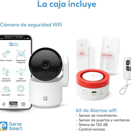 Garza Smart 401280FBM Kit Alarma WiFi 2,4 GHz con Cámara 1080p 360º – Sirena 120 dB + Luz Estroboscópica, Sensor Movimiento y Apertura Puerta/Ventana, Mando SOS, App Tuya/Smart Life