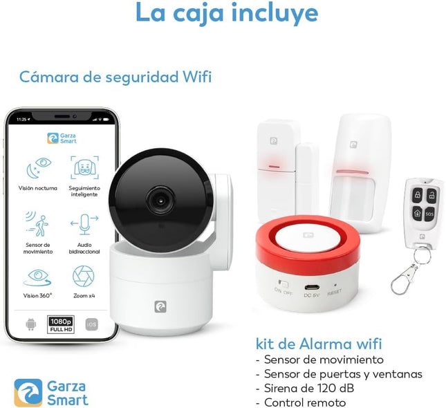 Garza Smart 401280FBM Kit Alarma WiFi 2,4 GHz con Cámara 1080p 360º – Sirena 120 dB + Luz Estroboscópica, Sensor Movimiento y Apertura Puerta/Ventana, Mando SOS, App Tuya/Smart Life