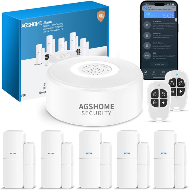AGSHOME Kit Alarma Casa WiFi – Sirena 120 dB, Batería 8 h, 5 Sensores Puerta/Ventana + 2 Mandos, App y Alexa, Sistema Ampliable (20 Sensores)