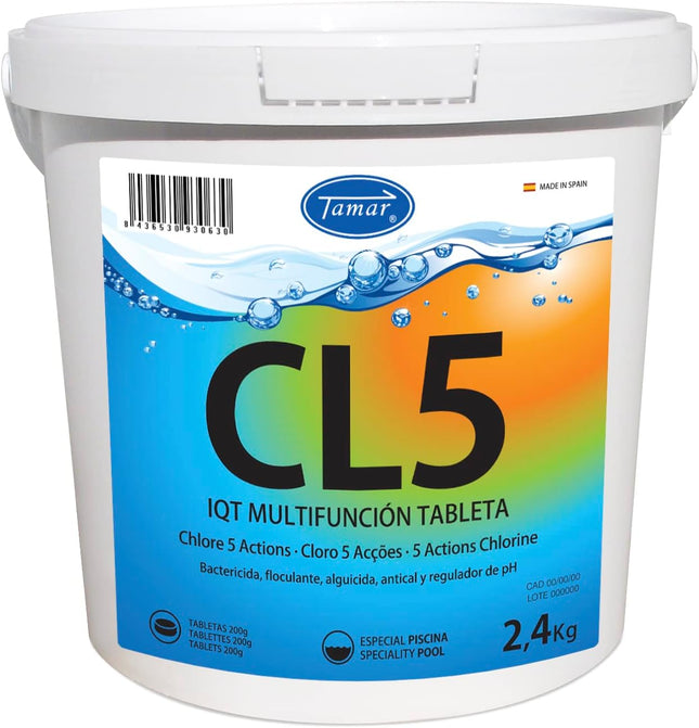 Tamar Cloro 5 Acciones 2,4 kg – Pastillas 200 g Disolución Lenta, Multifunción 5-en-1 para Mantenimiento de Piscina (Desinfectante + Clarificante + Antialgas + pH + Antical)