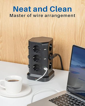 KOOSLA Regleta Torre 18-en-1 con Protección Sobretensiones (1500 J) – 12 Enchufes + 6 USB, 3 Interruptores, 4000 W/16 A, Cable 2 m
