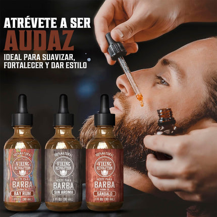 Viking Revolution Beard Oil Pack 3×30 ml 🧔‍♂️🧴 Argán + Jojoba 🌿 | Suaviza y Domina 💧✨ | 3 Aromas: Bay Rum 🍹 + Sin Perfume 🚫🌸 + Sándalo 🌲 | Con Gotero 🧪