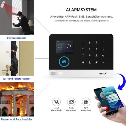 PGST PG103-2G-C Alarma WiFi + GSM 2G – Sirena, Sensor Puerta/Ventana + PIR, App Smart Life/Tuya, Pantalla LCD, Guía por Voz, RFID y Mandos, Ampliable 433 MHz
