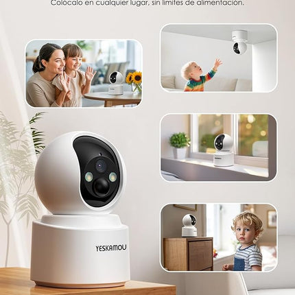 YESKAMOU Y660 Cámara WiFi Interior 2.5K 4MP Inalámbrica – Batería 6000mAh, Wi-Fi 2.4/5GHz, PTZ 355°, Visión Nocturna a Color, PIR, Audio 2 Vías, microSD 128GB
