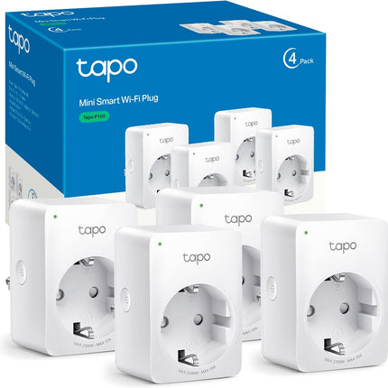 TP-Link Tapo P100 (Pack 4) – Enchufe Inteligente Mini Wi-Fi 2.4 GHz, Control Remoto, Horarios, Temporizador y Modo Ausente