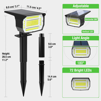 LOTMOS Focos Solares LED Exterior Pack 3 – 72 LEDs 6500K, 3 Modos (hasta 30h), IP67, 2-en-1 Suelo/Pared, Cabezal Ajustable