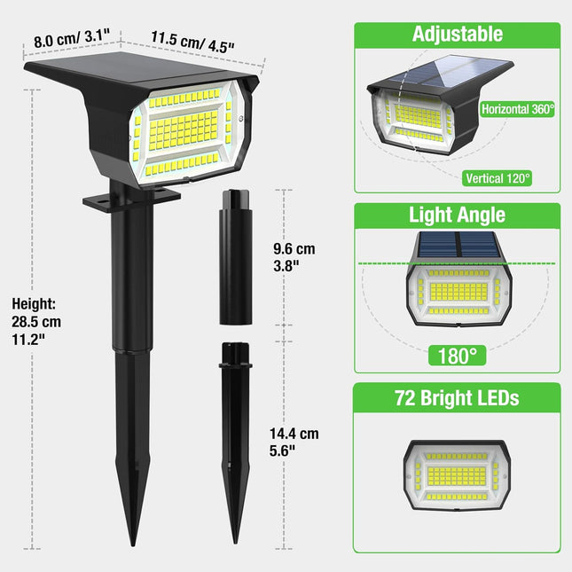 LOTMOS Focos Solares LED Exterior Pack 3 – 72 LEDs 6500K, 3 Modos (hasta 30h), IP67, 2-en-1 Suelo/Pared, Cabezal Ajustable